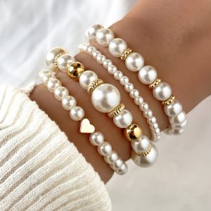 Accueil ensemble de 4 pièces : bracelet et collier en perles imitation réalistes (sans revêtement) blanc & nacré avec caps dorés, grosses perles assorties – idéal pour mariage, soirée ou quotidien – collection luxe toute l'année pour femmes