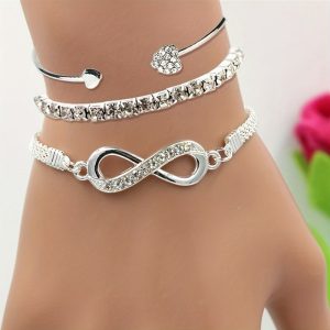 Accueil 6 pièces Élégant et exquis bracelet ouvert symbole infini & cœur en strass pour femmes, empilable pour soirées, rendez vous, cadeaux, trajets, ensemble de bijoux de mode pour noël