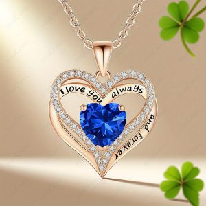 Accueil collier de pendentif chanceux en acier inoxydable avec zircone synthétique bleu profond de luxe, boîte cadeau rose exquise bleue, carte de vœux et mois de rencontre incrustés dans le collier, code chanceux exclusif pour elle. couleur assortie aux différents mois pour offrir à des amis, des femmes, une maman, une petite amie, une épouse ou son cadeau parfait pour la saint valentin, l'anniversaire, le jour de naissance, noël, la fête des mères, un cadeau romantique pour les fêtes.